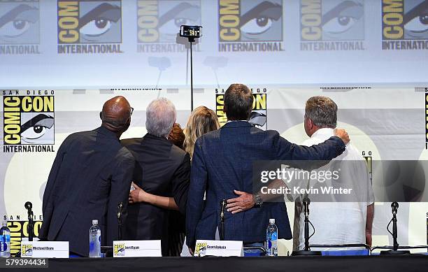 Casts take a selfie during the "Star Trek" panel during Comic-Con International 2016 at San Diego Convention Center on July 23, 2016 in San Diego,...