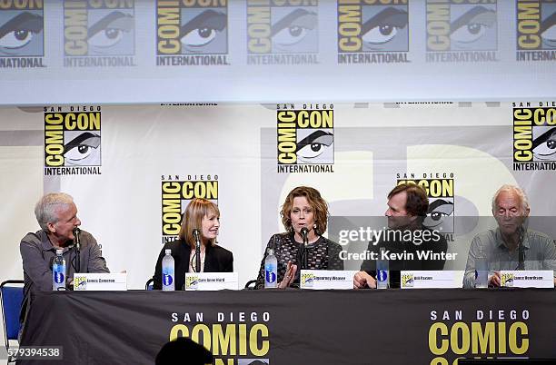 Director James Cameron, producer Gale Anne Hurd, actors Sigourney Weaver, Bill Paxton and Lance Henriksen attend the "Aliens: 30th Anniversary" panel...