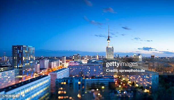 berlin skyline with bokeh tilt shift - communications tower sunset stock pictures, royalty-free photos & images