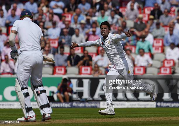 Mohammad Amir of Pakistan celebrates bowling Alex Hales of England during the second Investec test match between England and Pakistan at Old Trafford...