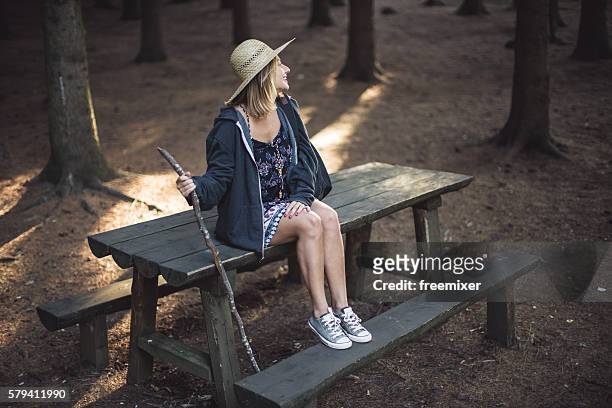 relaxing in the pine tree forest - wooden stick stock pictures, royalty-free photos & images