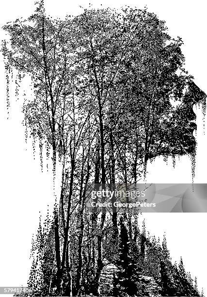 stockillustraties, clipart, cartoons en iconen met multiple exposure of woman merging with nature - fine art portrait