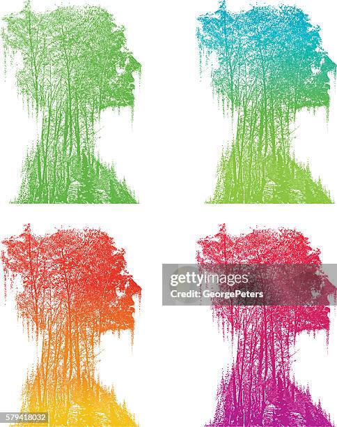 multiple exposure of woman merging with nature - double exposure portrait stock illustrations