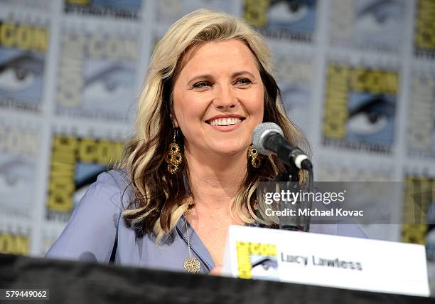 Actress Lucy Lawless speaks on stage during the "Ash vs Evil Dead" panel during Comic-Con International at the San Diego Convention Center on July...