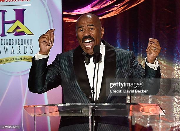 Host Steve Harvey speaks during the 2016 Neighborhood Awards hosted by Steve Harvey at the Mandalay Bay Events Center on July 23, 2016 in Las Vegas,...