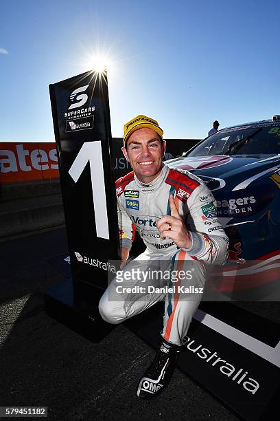 Craig Lowndes driver of the TeamVortex Holden Commodore VF reacts after winning race 2 for the V8 Supercars Ipswich Supersprint on July 24, 2016 in...