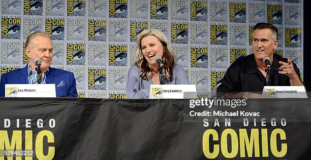 Actors Lee Majors, Lucy Lawless and Bruce Campbell speak on stage during the "Ash vs Evil Dead" panel during Comic-Con International at the San Diego...