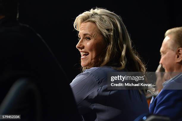 Actress Lucy Lawless speaks on stage during the "Ash vs Evil Dead" panel during Comic-Con International at the San Diego Convention Center on July...