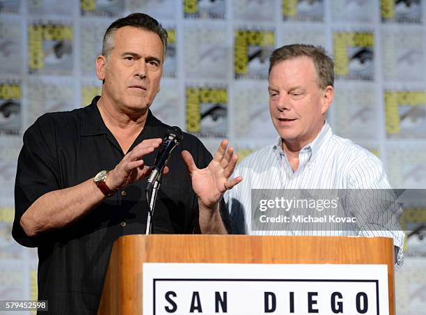 Actor Bruce Campbell and producer Robert Tapert speak on stage at the "Ash vs Evil Dead" Comic-Con screening at the San Diego Convention Center on...