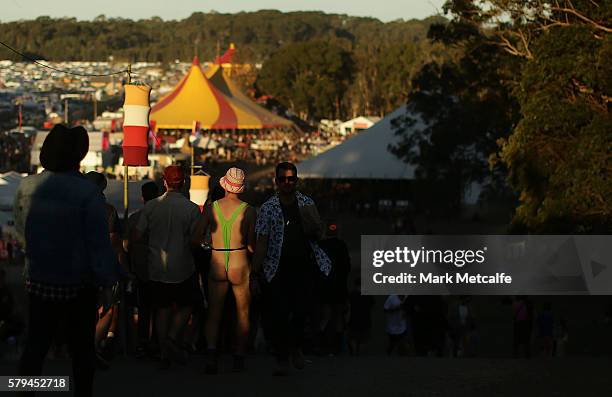 Festival goer wearing a mankini walks during Splendour in the Grass 2016 on July 24, 2016 in Byron Bay, Australia.