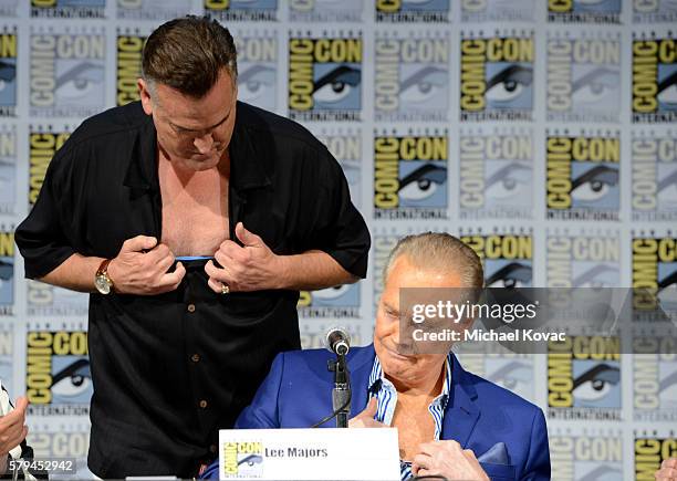 Actors Bruce Campbell and Lee Majors speak on stage during the "Ash vs Evil Dead" panel during Comic-Con International at the San Diego Convention...