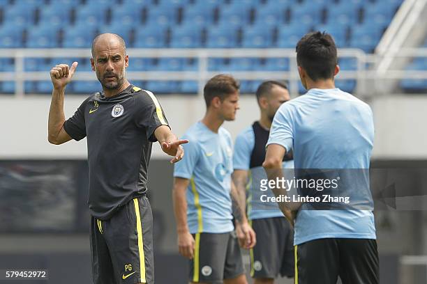Manchester City's manager Pep Guardiola gestures during the pre-game training ahead of the 2016 International Champions Cup match between Manchester...