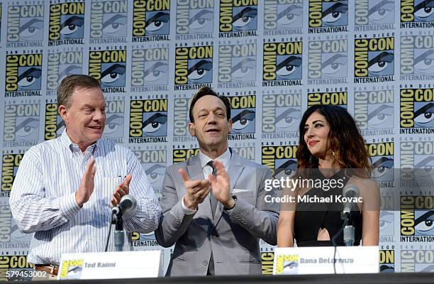 Producer Robert Tapert, actor Ted Raimi and actress Dana DeLorenzo speak on stage during the "Ash vs Evil Dead" panel during Comic-Con International...