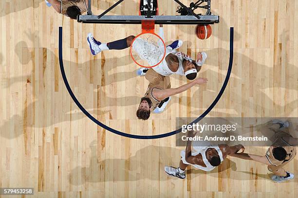 Carmelo Anthony of the USA Basketball Men's National Team shoots against Argentina during the USA Basketball Showcase at T-Mobile Arena on July 22,...