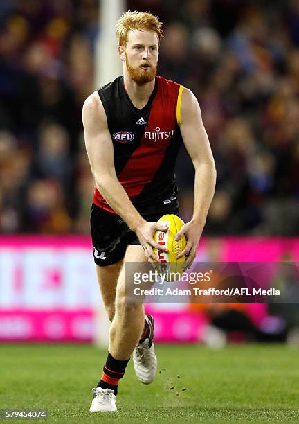 Debutante, Aaron Francis of the Bombers in action during the 2016 AFL Round 18 match between the Essendon Bombers and the Brisbane Lions at Etihad...