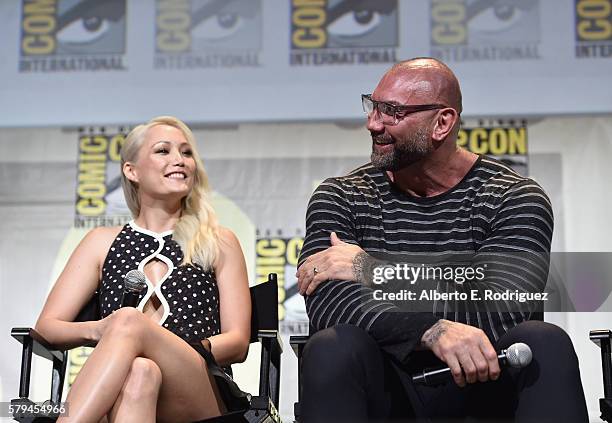 Actors Pom Klementieff and Dave Bautista from Marvel Studios "Guardians Of The Galaxy Vol. 2 attend the San Diego Comic-Con International 2016...