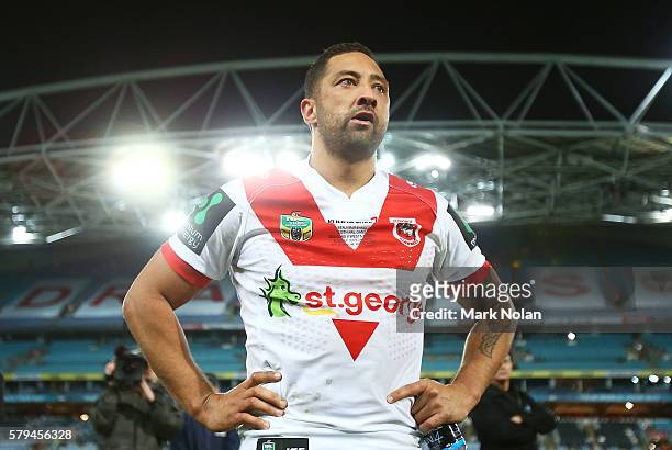 Benji Marshall of the Dragons watches fans perform a haka for his 250th game after the round 20 NRL match between the St George Illawarra Dragons and...