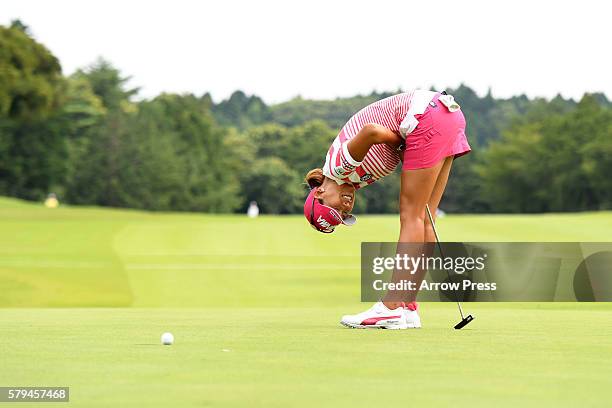 Megumi Kido of Japan reacts hole during the final round of the Century 21 Ladies Golf Tournament 2016 at the Izu Daijin Country Club on July 24, 2016...