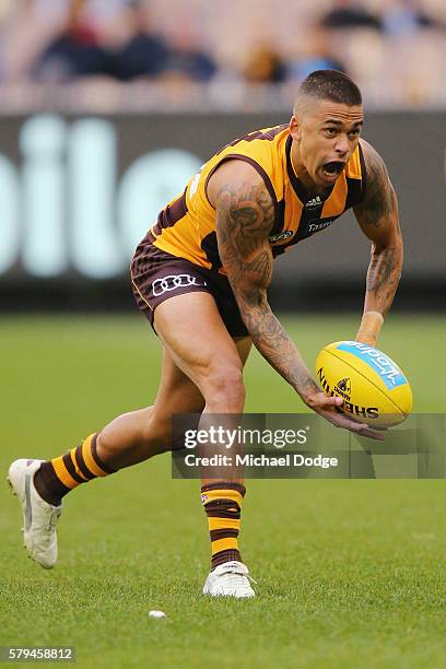 Bradley Hill of the Hawks handballsduring the round 18 AFL match between the Hawthorn Hawks and the Richmond Tigers at Melbourne Cricket Ground on...