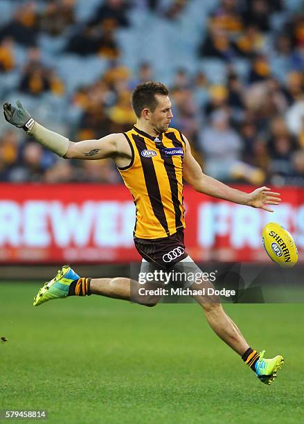 Luke Hodge of the Hawks kicks the ball during the round 18 AFL match between the Hawthorn Hawks and the Richmond Tigers at Melbourne Cricket Ground...