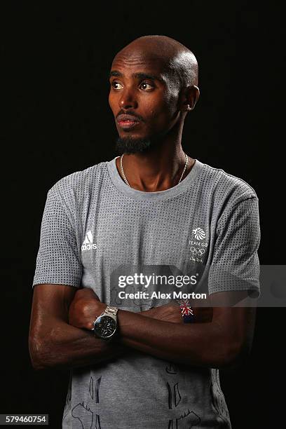 Mo Farah of Team GB during the Media Access to Endurance Track Athletes Named in Team GB for the Rio 2016 Olympic Games at the Tower Grange Hotel on...