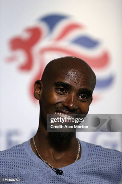 Mo Farah of Team GB during the Media Access to Endurance Track Athletes Named in Team GB for the Rio 2016 Olympic Games at the Tower Grange Hotel on...