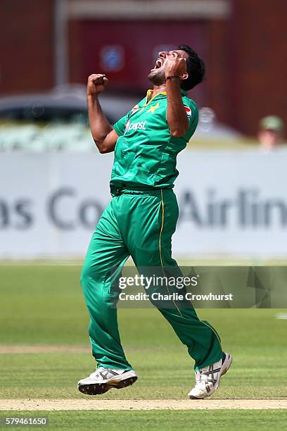Bilawal Bhatti of Pakistan celebrates after taking the wicket of Ben Duckett of England during the Triangular Series match between England Lions and...