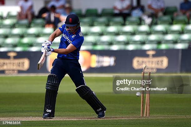 Dawid Malan of England looks on having been bowled out by Bilawal Bhatti of Pakistan during the Triangular Series match between England Lions and...