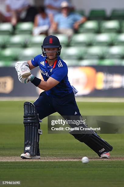 Ben Duckett of England hits out during the Triangular Series match between England Lions and Pakistan A at The Spitfire Ground on July 24, 2016 in...