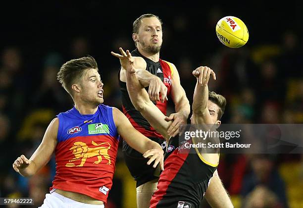 James Kelly of the Bombers competes for the ball during the round 18 AFL match between the Essendon Bombers and the Brisbane Lions at Etihad Stadium...