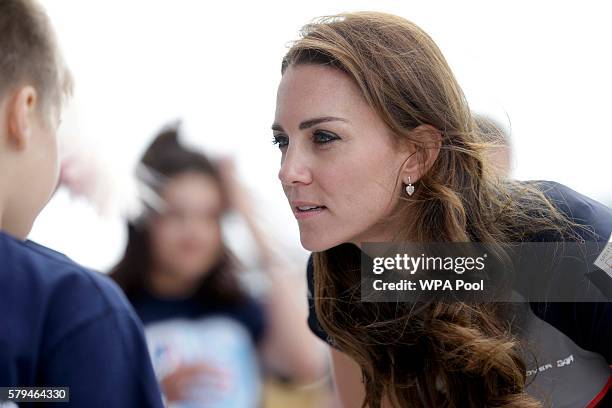 Catherine, Duchess of Cambridge meets members of the 1851 Trust during a visit to Land Rover BAR at the America's Cup World Series on July 24, 2016...