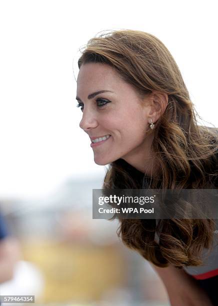 Catherine, Duchess of Cambridge meets members of the 1851 Trust during a visit to Land Rover BAR at the America's Cup World Series on July 24, 2016...