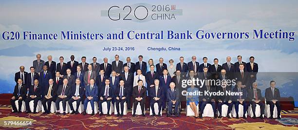 Finance ministers and central bank chiefs from the Group of 20 major economies pose for a group photo on July 24 on the second day of a two-day...