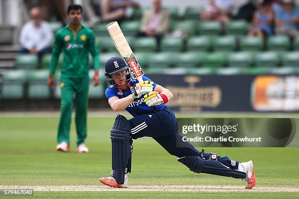 Sam Billings of England hits out during the Triangular Series match between England Lions and Pakistan A at The Spitfire Ground on July 24, 2016 in...