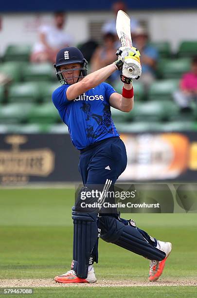 Sam Billings of England hits out during the Triangular Series match between England Lions and Pakistan A at The Spitfire Ground on July 24, 2016 in...