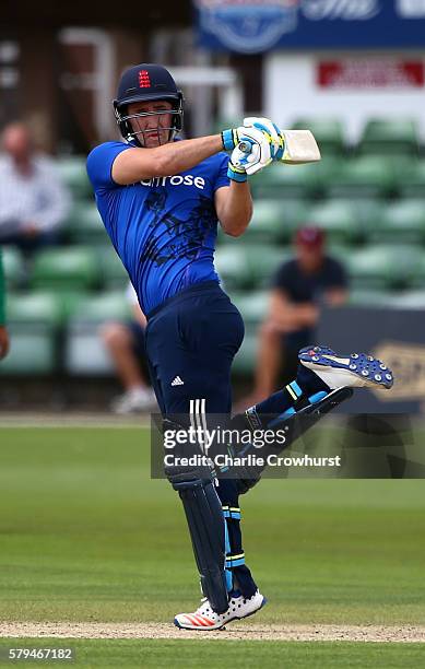 Liam Livingstone of England hits out during the Triangular Series match between England Lions and Pakistan A at The Spitfire Ground on July 24, 2016...