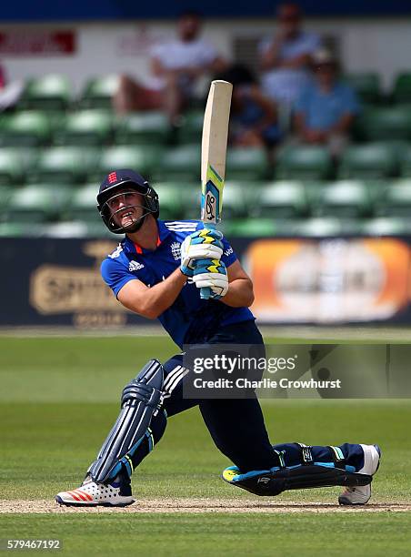 Liam Livingstone of England hits out during the Triangular Series match between England Lions and Pakistan A at The Spitfire Ground on July 24, 2016...