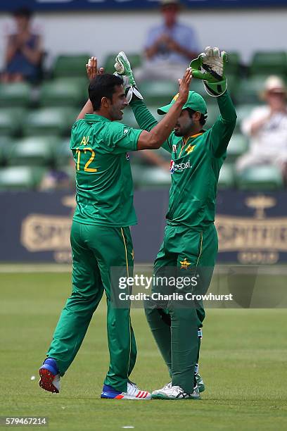 Hasan Ali of Pakistan celebrates after taking the wicket of Liam Livingstone of England during the Triangular Series match between England Lions and...