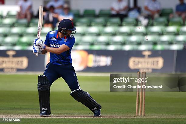 Dawid Malan of England looks on having been bowled out by Bilawal Bhatti of Pakistan during the Triangular Series match between England Lions and...