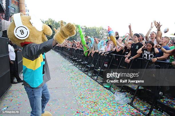 Breuni-Baer, mascot of Breuninger, is seen during the ParookaVille Festival on July 15, 2016 in Weeze, Germany.