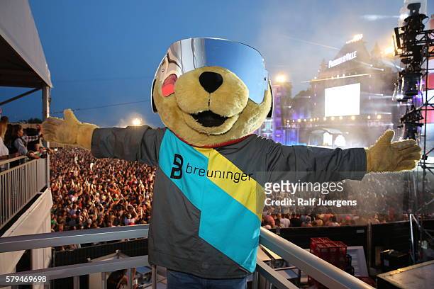 Breuni-Baer, mascot of Breuninger, is seen during the ParookaVille Festival on July 15, 2016 in Weeze, Germany.