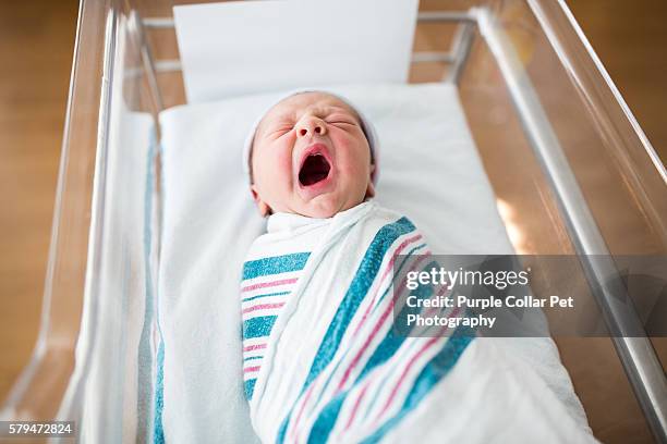 newborn infant yawning in crib - lettino ospedale foto e immagini stock