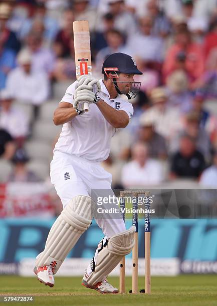 England Captain Alastair Cook batting during day one of the second Investec test match between England and Pakistan at Old Trafford on July 22, 2016...
