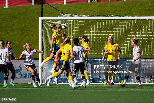 Linda Sembrant of Sweden scores a header in the second half against Germany at the FIFA 2015 Women's World Cup Round of 16 match between Germany and...