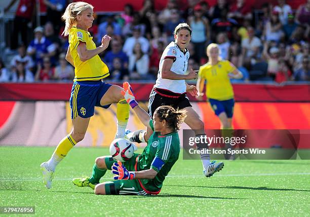 Goalkeeper Nadine Angerer of Germany rushes out of her goal to close down Sofia Jakobsson of Sweden during the FIFA 2015 Women's World Cup Round of...