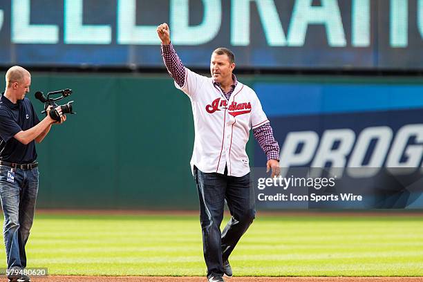 Jim Thome is introduced as the 1995 Cleveland Indians American League Championship team is honored prior to the game between the Tampa Bay Rays and...