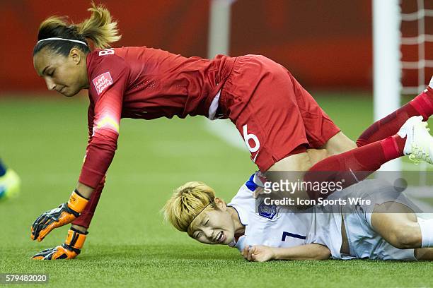 Gaeul Jeon of the Korea Republic is taken down by Goalkeeper Celine Deville of France at the FIFA Women's World Cup 2015 Group of 16 match between...