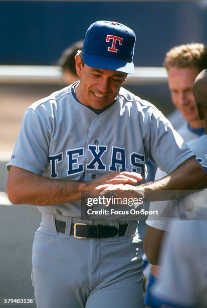 Manager Bobby Valentine of the Texas Rangers walks in the dugout during a Major League Baseball game against the New York Yankees circa 1986 at...