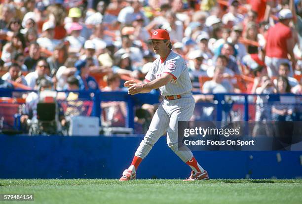 Bobby Valentine of the Cincinnati Reds against coaches third base against the New York Mets circa 1993 at Shea Stadium in the Queens borough of New...