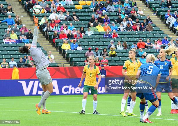 Australia's Lydia Williams makes a leaping save in action against Sweden at the FIFA Womens World Cup at Commonwealth Stadium in Edmonton, Alberta,...